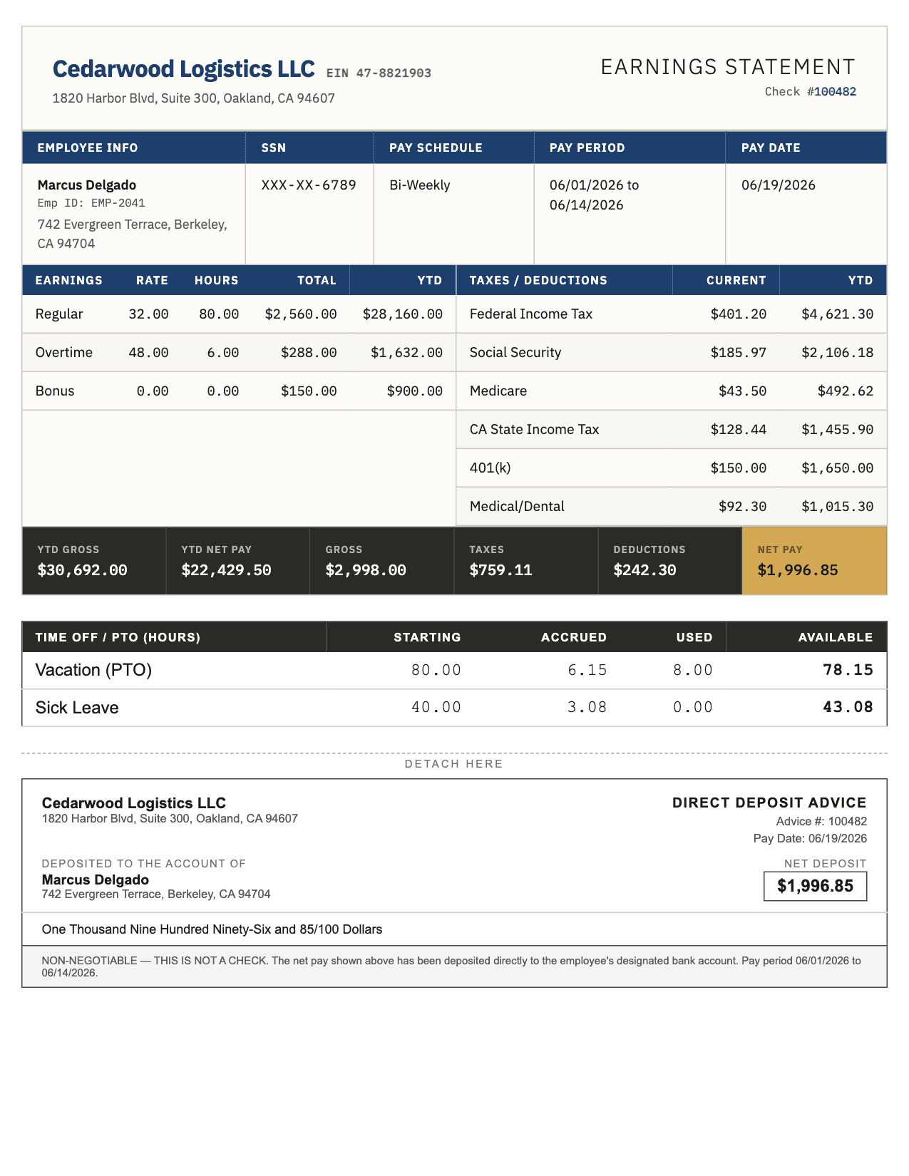 Example Classic pay stub in Cream Paper generated with OakPaystubs showing earnings, taxes, deductions, and net pay