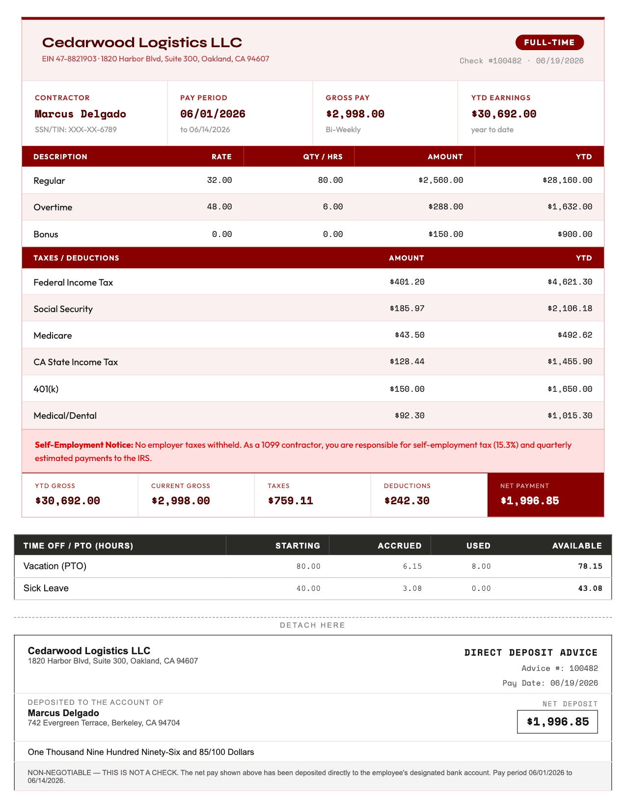 Example Contractor pay stub in Crimson Red generated with OakPaystubs showing earnings, taxes, deductions, and net pay