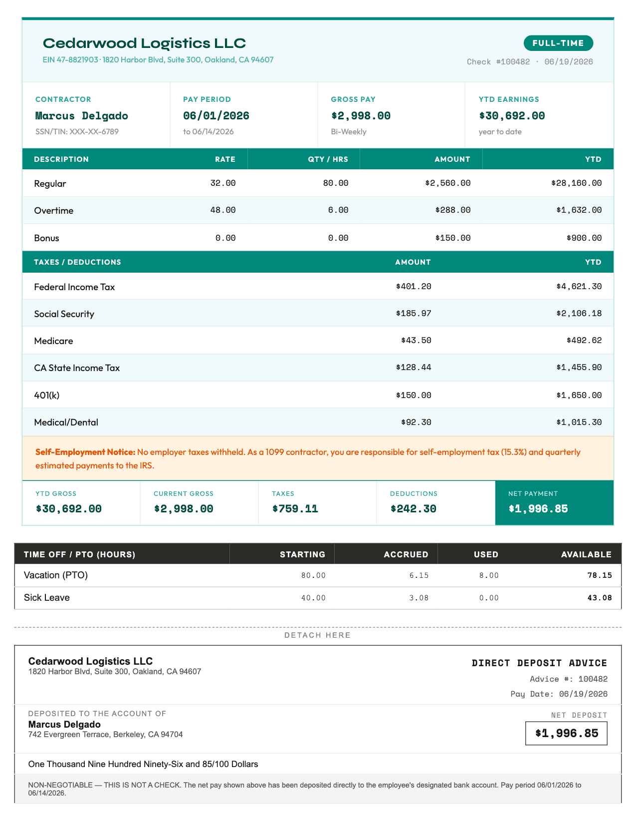 Example Contractor pay stub in Teal Green generated with OakPaystubs showing earnings, taxes, deductions, and net pay